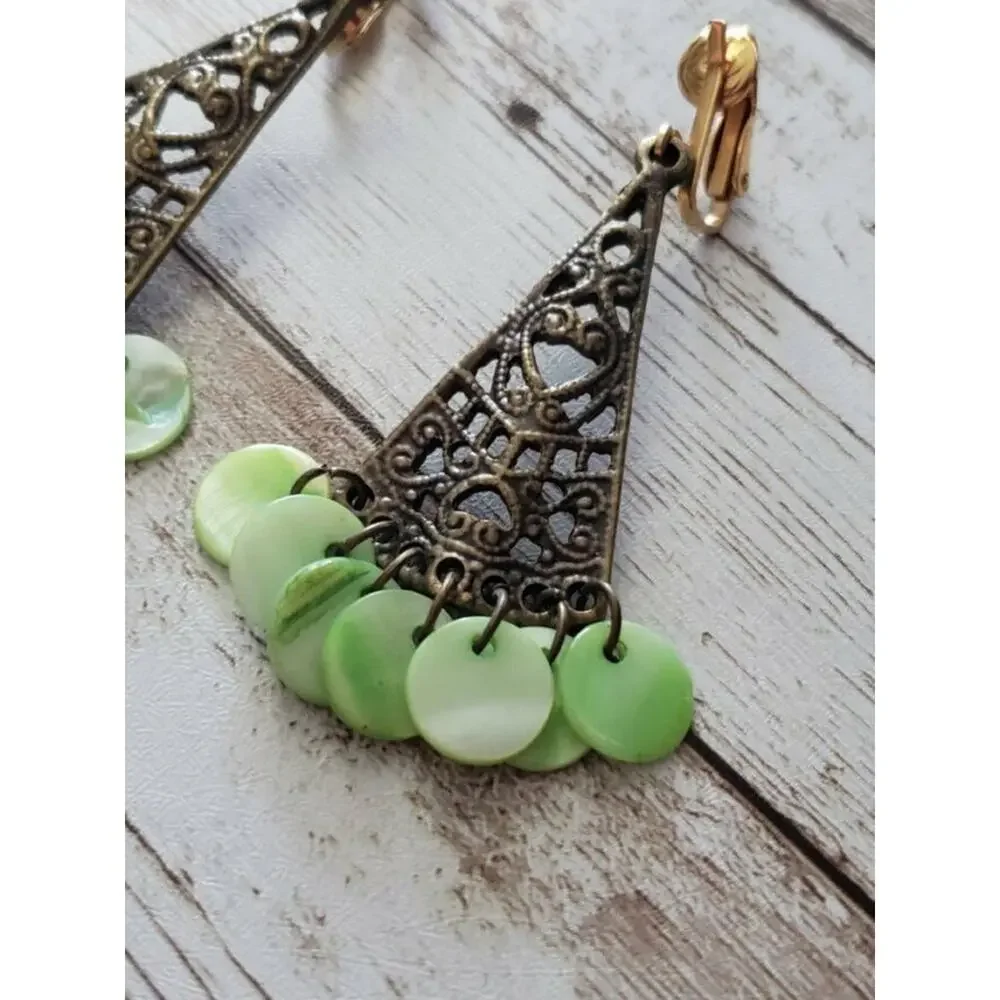 Vintage Clip On Earrings Ornate Triangular Shape Dangle with Green Circles